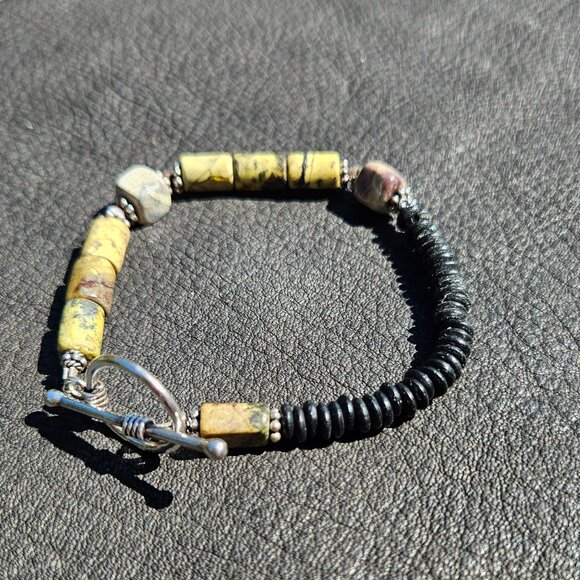 Asymmetrical Yellow Turquoise and Sandalwood Bracelet - Picture 1 of 5